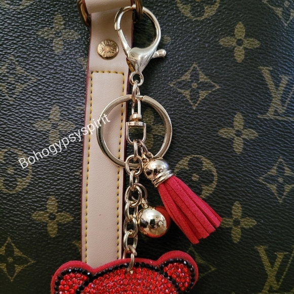 Bling Teddy Bear Crystal Rhinestone Keychain Bag Charm With Red Tassel - Picture 5 of 12